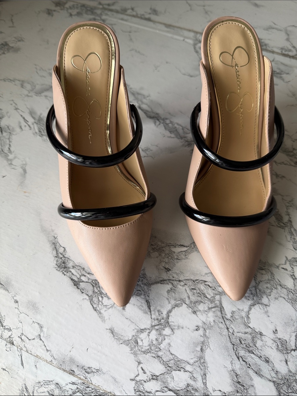 Jessica Simpson Blush Pink Pointed Mules with Black Ring Straps